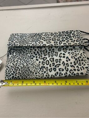 Chico's Black and White Leopard Print Fold-Over Clutch with Tassels nwt